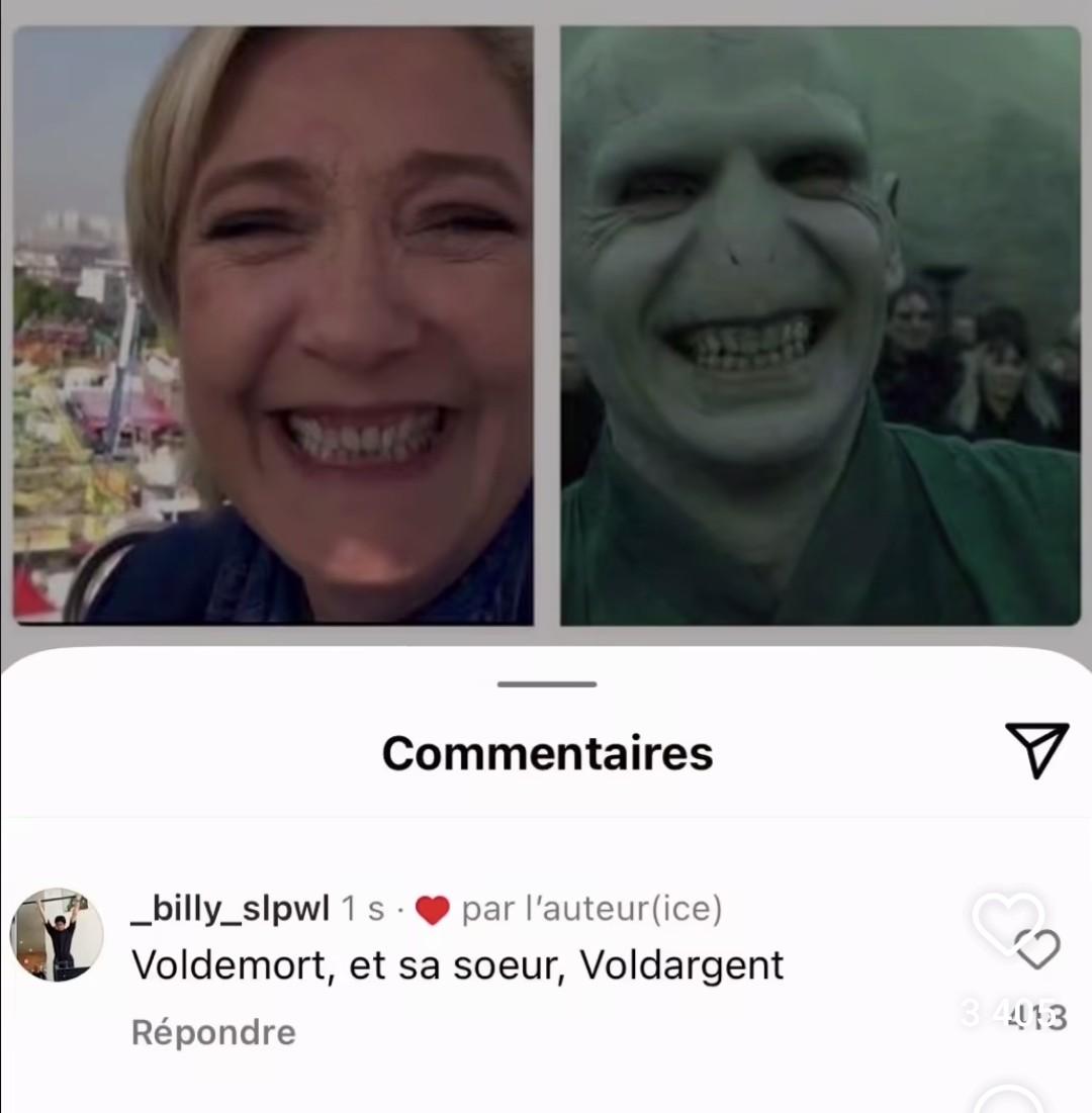 une photo de Marine Le Pen souriante de toutes ses dents. À côté une photo de Voldemort souriant de toutes ses dents : ressemblance frappante. commentaire de Billy_slpwl : Voldemort, et sa sœur Voldargent