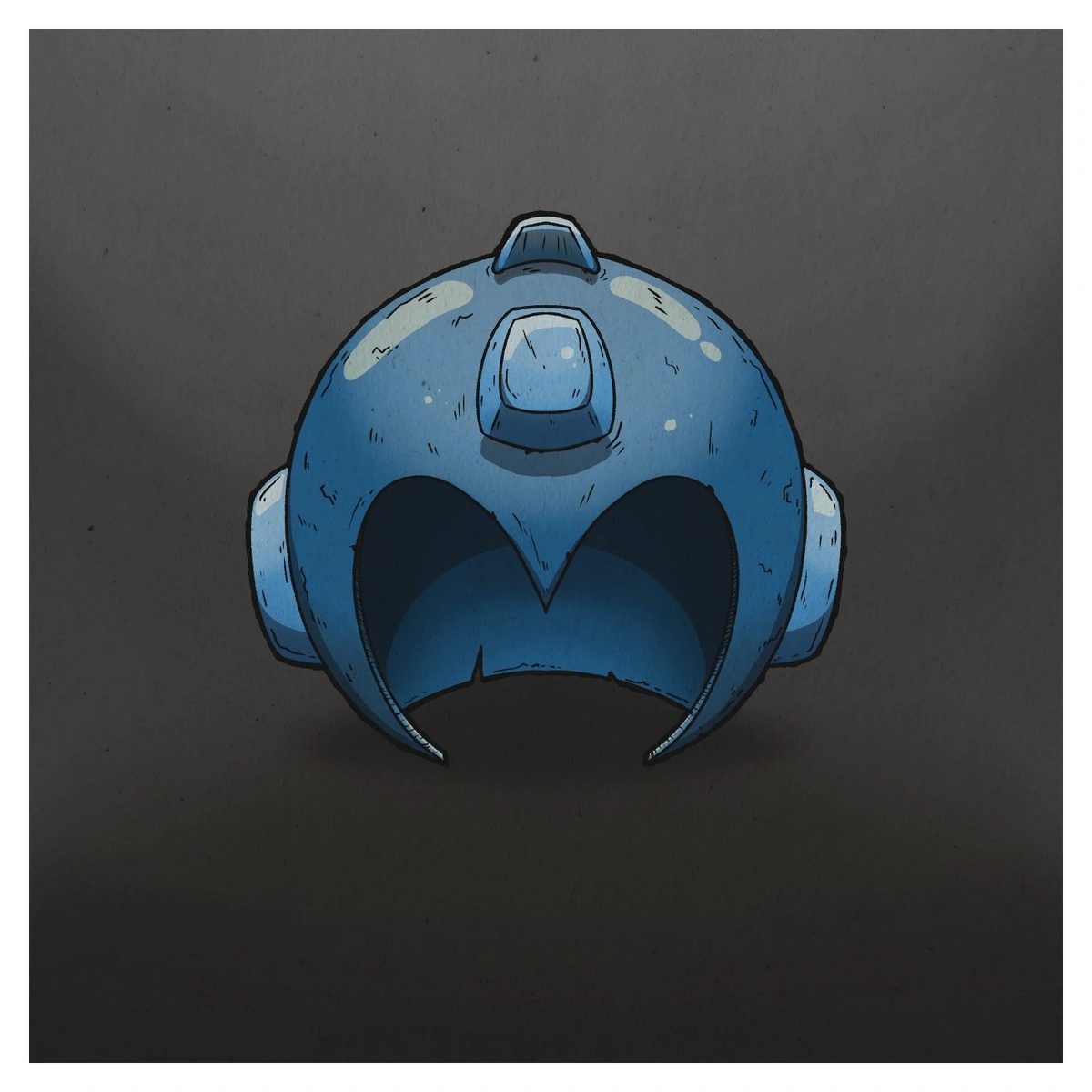The video game character Mega Man's blue helmet on a gray background.