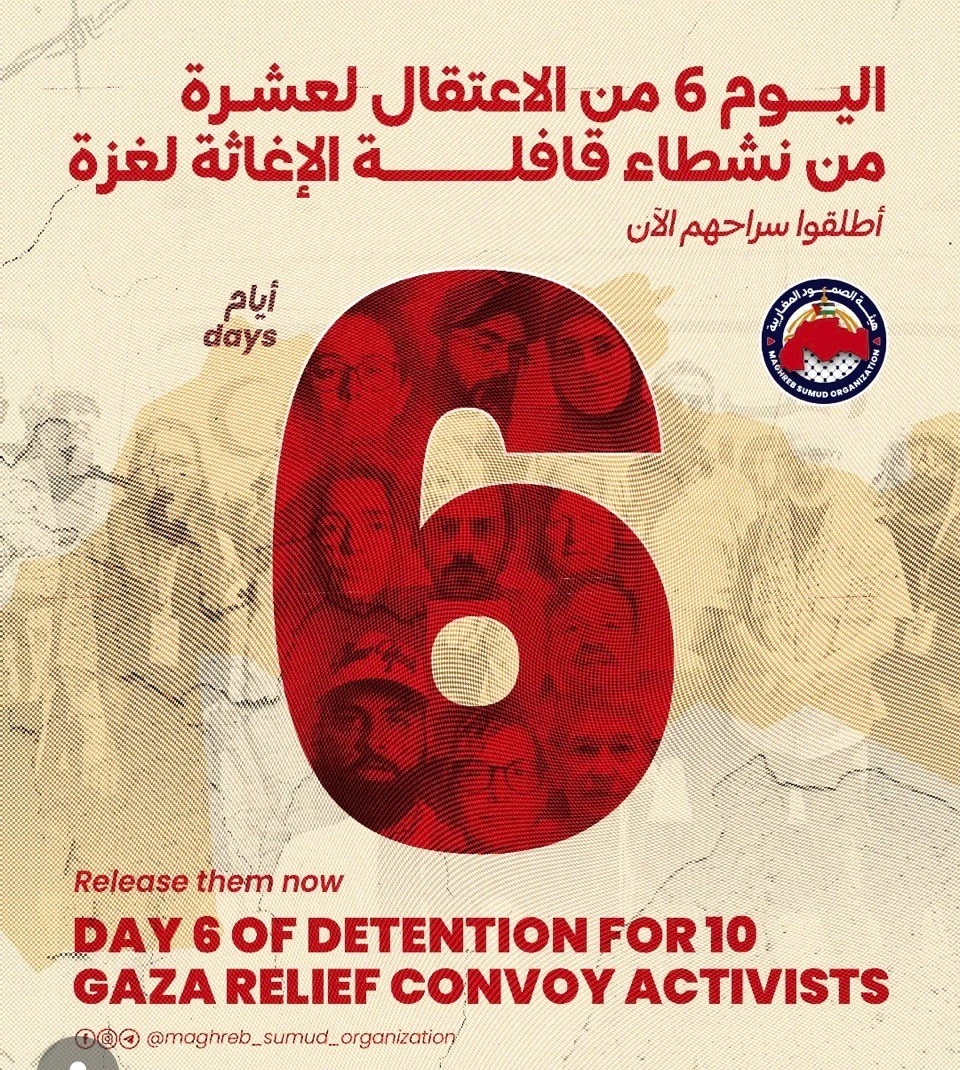 Poster with a big figure “6” and “DAY 6 OF DETENTION FOR 10
GAZA RELIEF CONVOY ACTIVISTS” in English and Arabic 