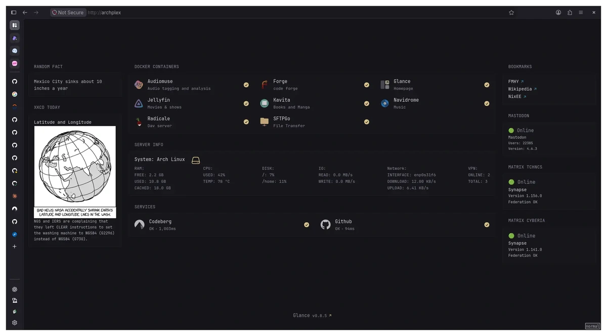 A firefox browser showing the home page setup for my server. The page is a glance homepage