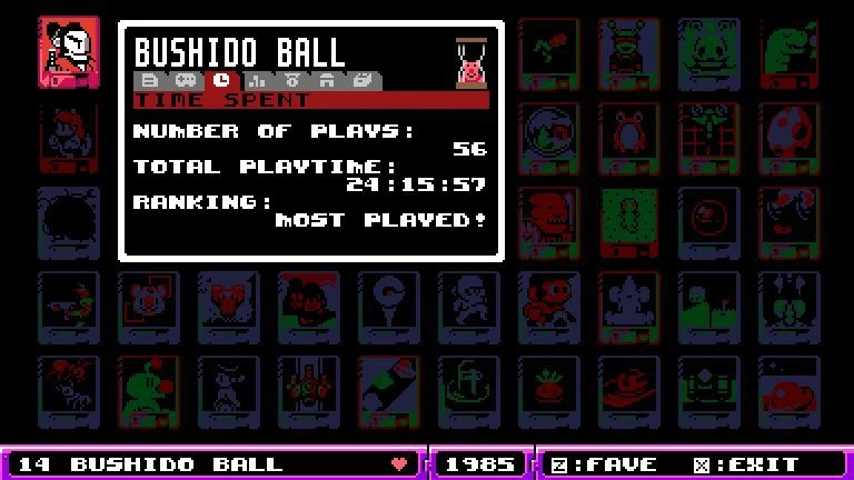 A screenshot of UFO 50 showing that I have played Bushido Ball for over 24 hours.