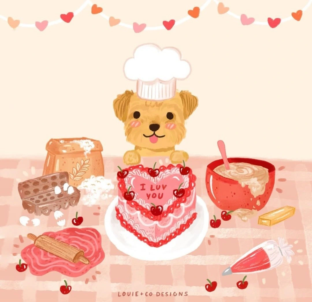 Drawing of dog chef hes made a heart cake saying I love you