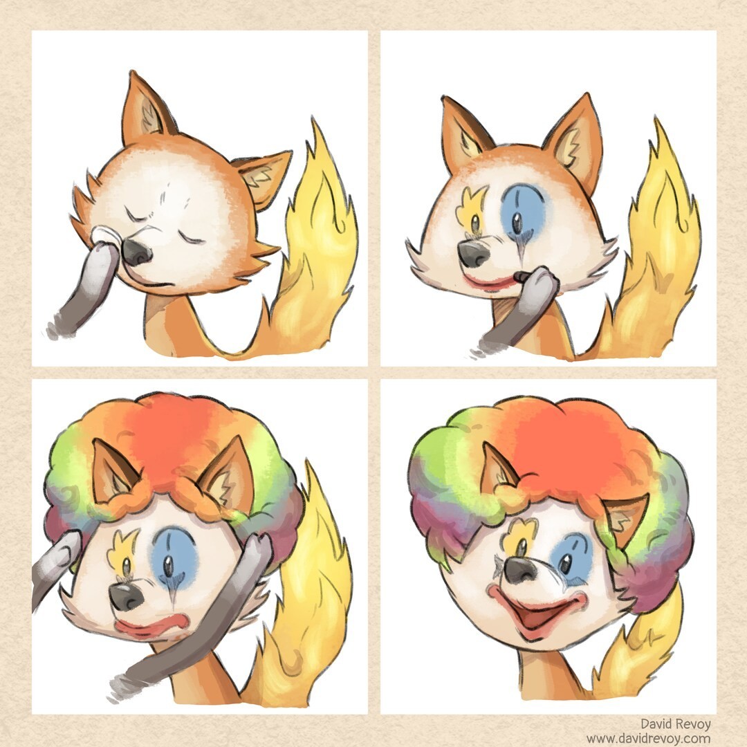 four panal comic of Firefox putting clown mackup