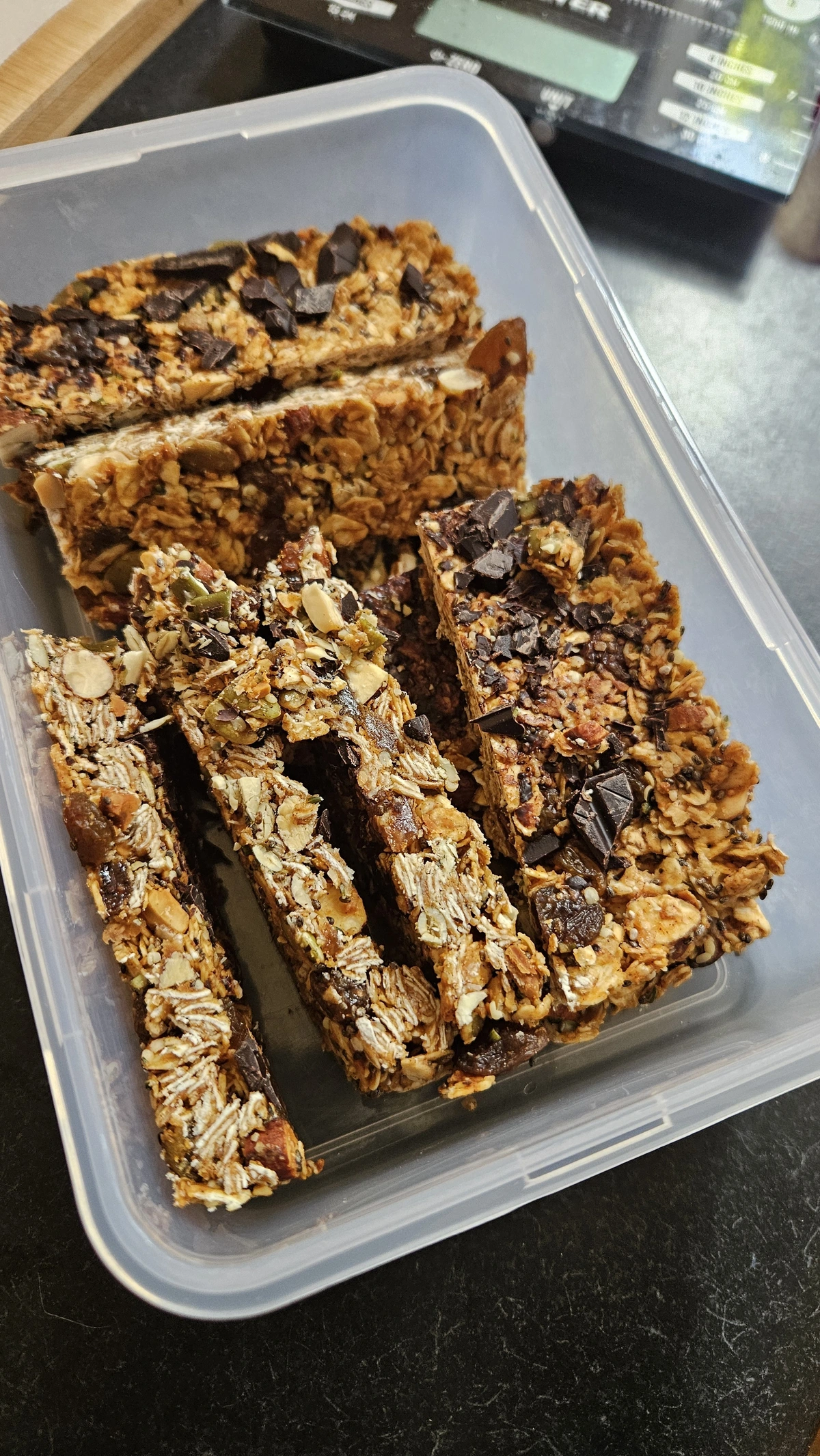 Homemade muesli bars in a container
