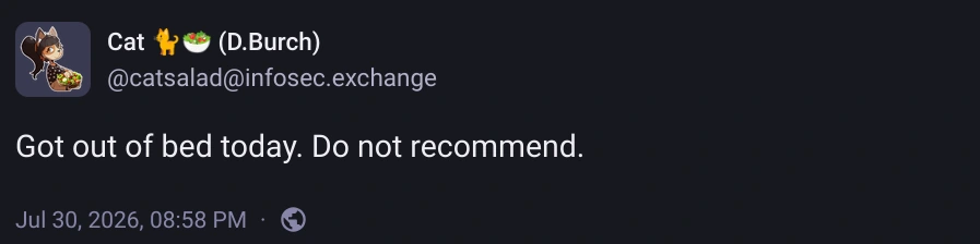 a mastodon bost by Cat 🐈️🥗 (D.Burch) [@catsalad@infosec.exchange]: Got out of bed today. Do not recommend.