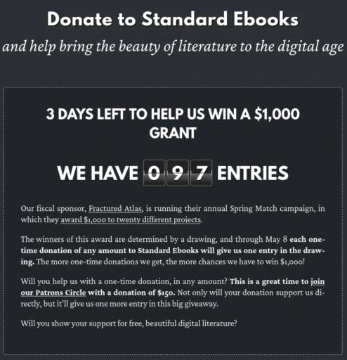 Screenshot of the campaign page for Standard eBooks fundraiser in the Fractured Atlas Spring Match campaign.  The page shows they only have 97 donations, and three days to get as many donations as possible.
